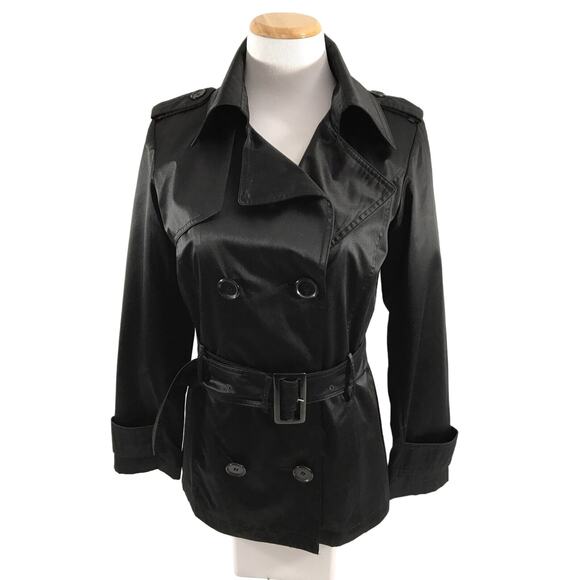 Kristen Blake Satin Jacket Double Breasted Peacoat with Belt Size Small Black - Picture 1 of 11